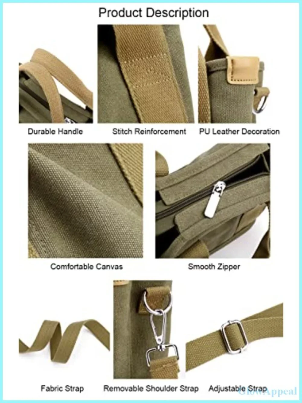 Canvas Tote Bag with Zipper Multi-Pockets Satchel Hobo for Travel Work
